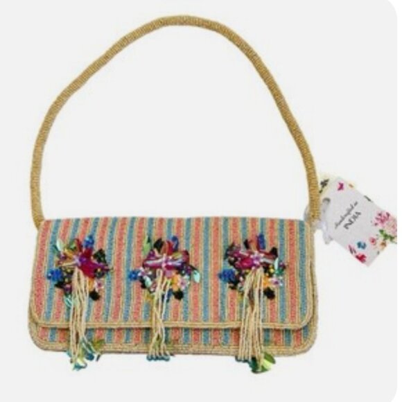 Beaded Stripe Floral Tassel Baguette Shoulder Bag Handcrafted in India NWT - Picture 1 of 4